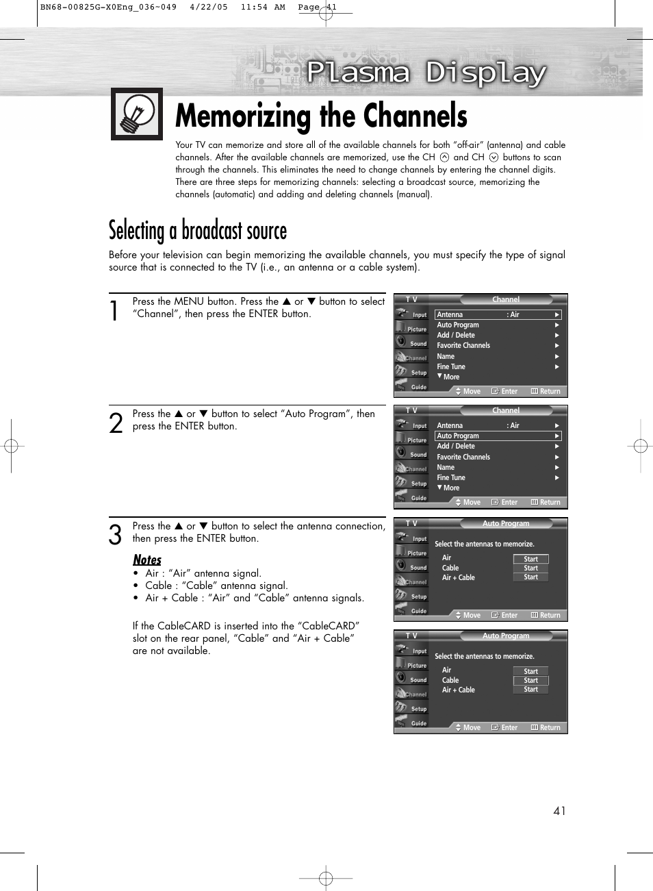 Memorizing the channels, Selecting a broadcast source | Samsung HPR5072X-XAA User Manual | Page 41 / 146