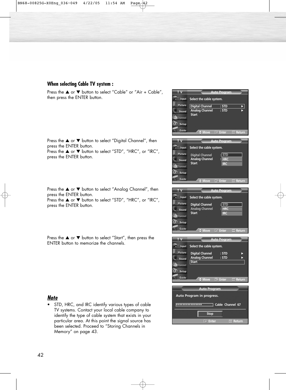 When selecting cable tv system | Samsung HPR5072X-XAA User Manual | Page 42 / 146