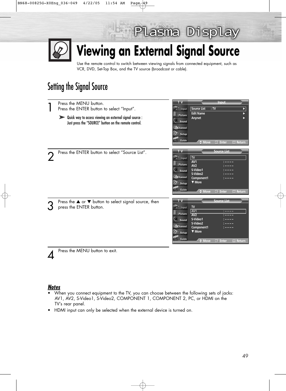 Viewing an external signal source, Setting the signal source | Samsung HPR5072X-XAA User Manual | Page 49 / 146