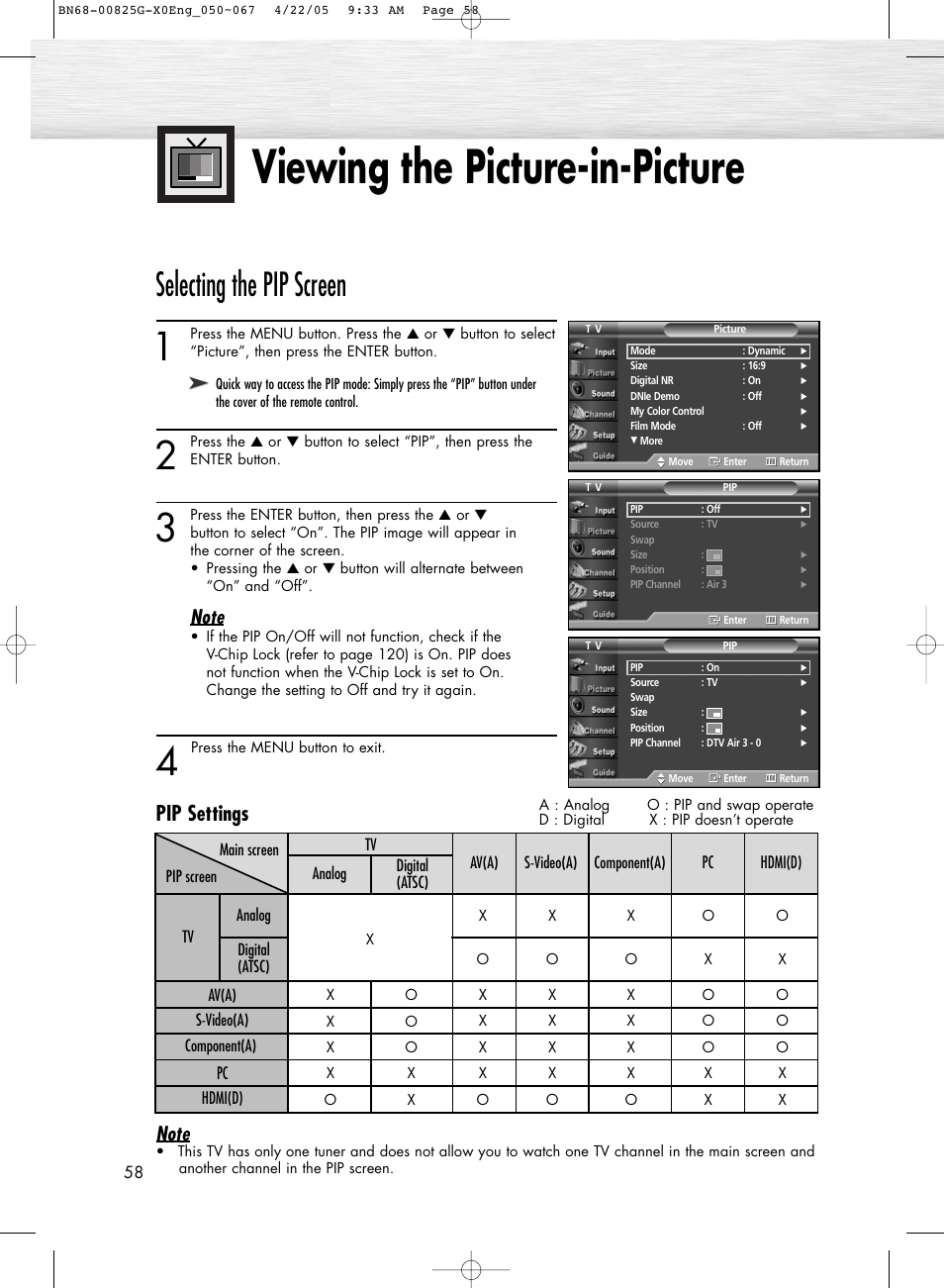 Viewing the picture-in-picture, Selecting the pip screen, Pip settings | Samsung HPR5072X-XAA User Manual | Page 58 / 146