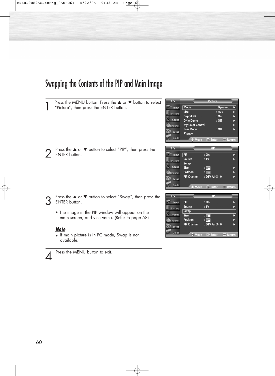 Swapping the contents of the pip and main image | Samsung HPR5072X-XAA User Manual | Page 60 / 146