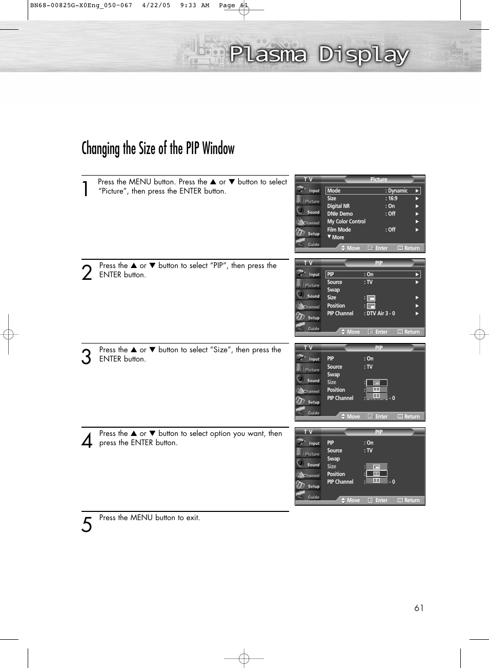 Changing the size of the pip window | Samsung HPR5072X-XAA User Manual | Page 61 / 146