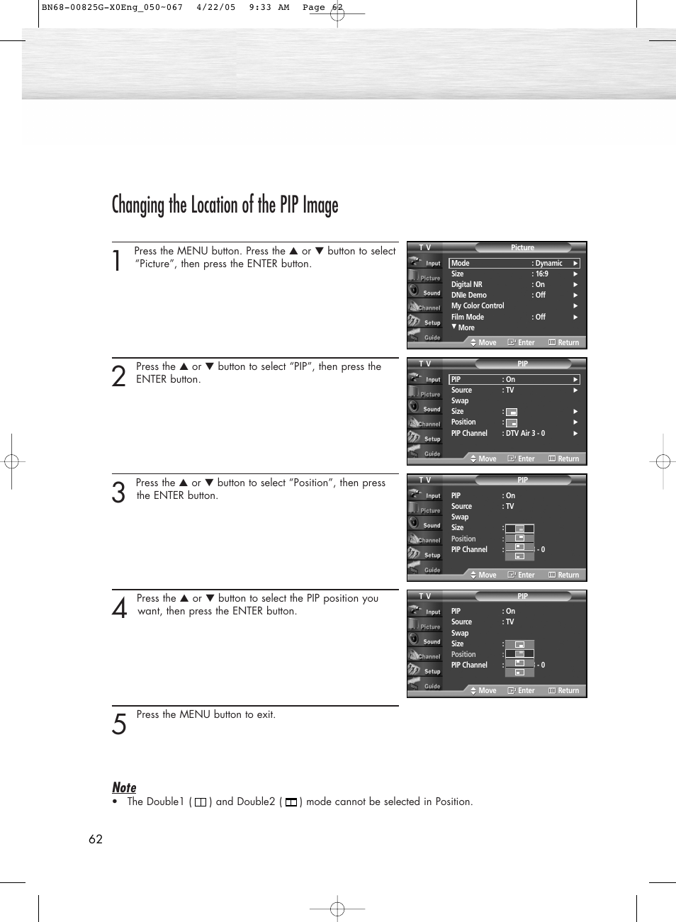 Changing the location of the pip image | Samsung HPR5072X-XAA User Manual | Page 62 / 146