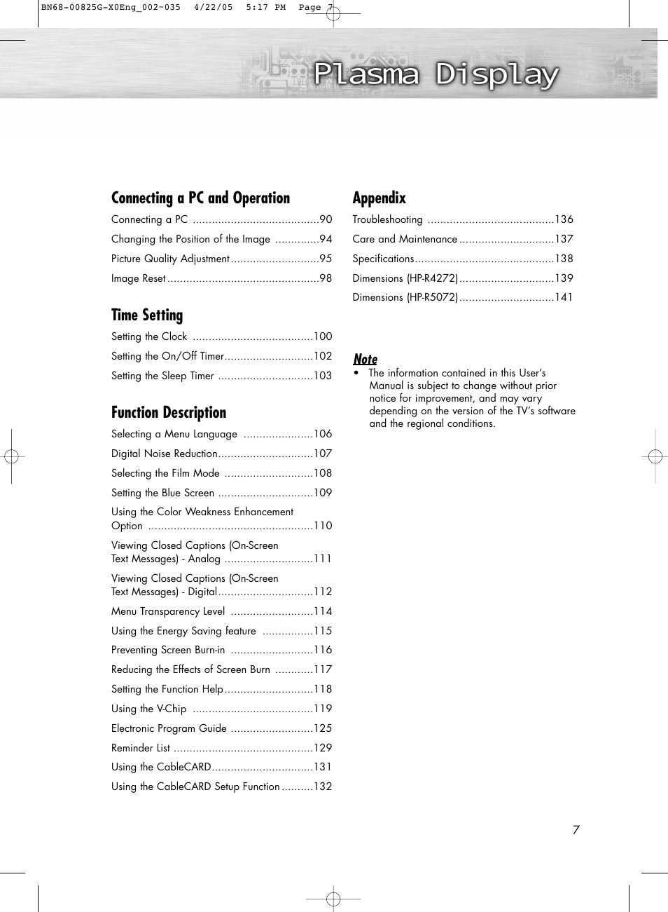 Connecting a pc and operation, Time setting, Function description | Appendix | Samsung HPR5072X-XAA User Manual | Page 7 / 146