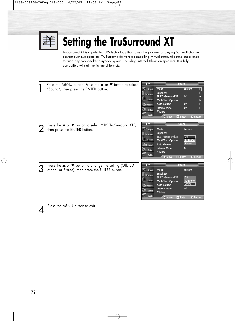 Setting the trusurround xt | Samsung HPR5072X-XAA User Manual | Page 72 / 146
