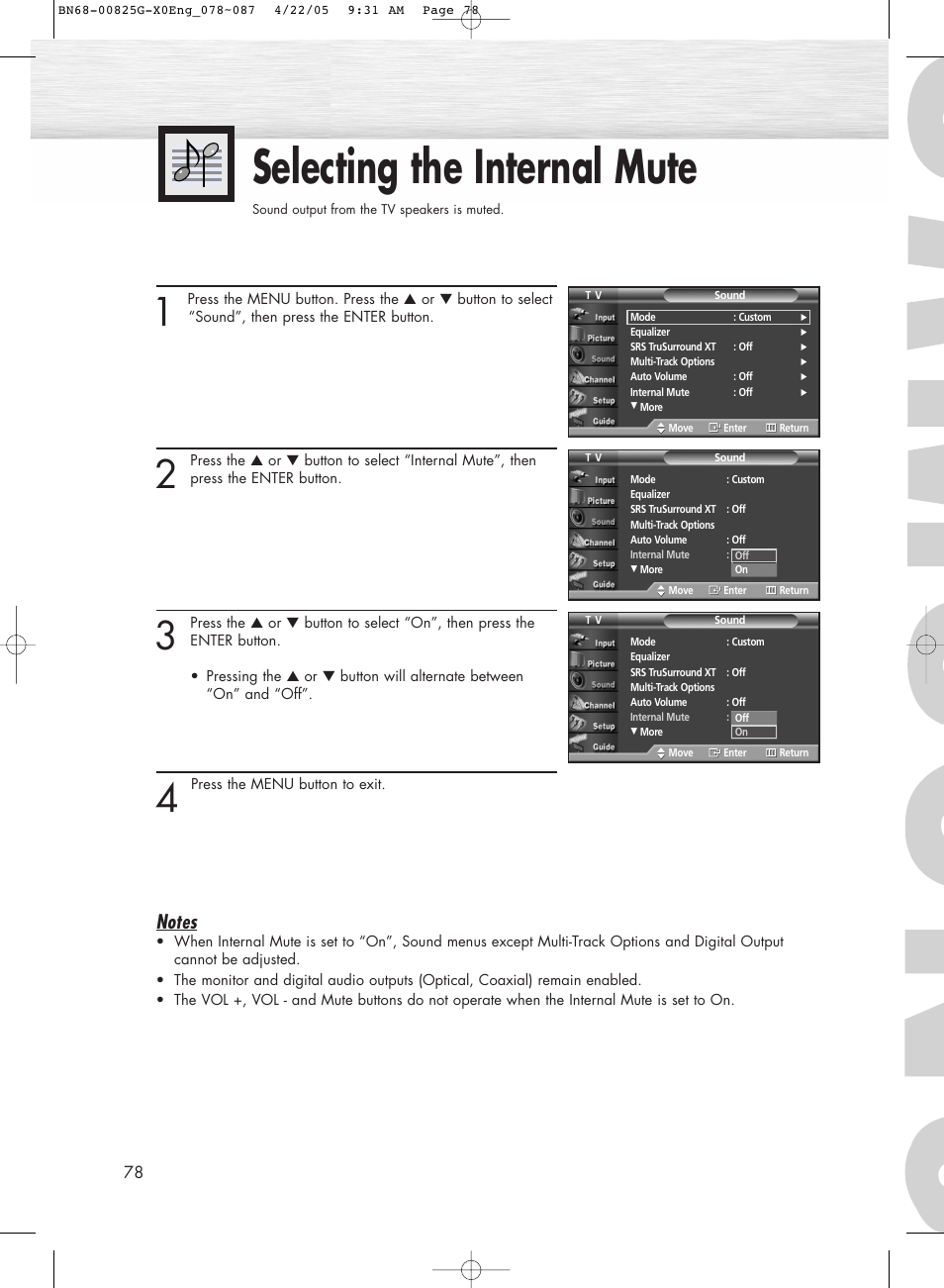 Selecting the internal mute | Samsung HPR5072X-XAA User Manual | Page 78 / 146