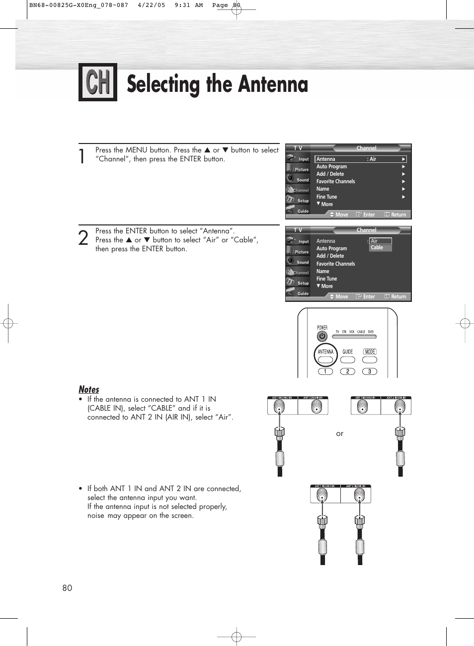 Selecting the antenna | Samsung HPR5072X-XAA User Manual | Page 80 / 146