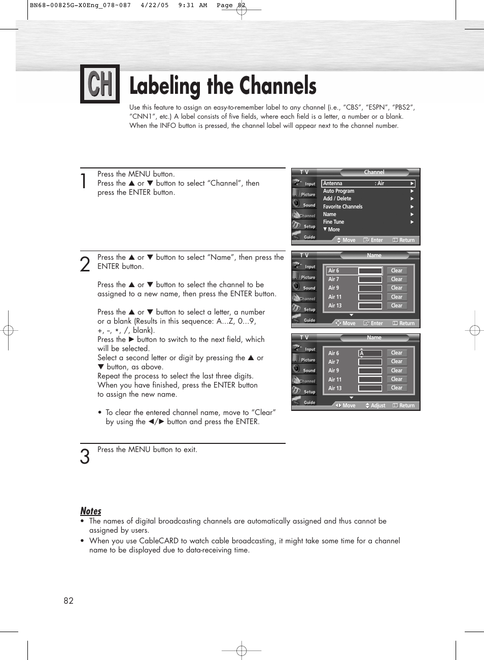 Labeling the channels | Samsung HPR5072X-XAA User Manual | Page 82 / 146