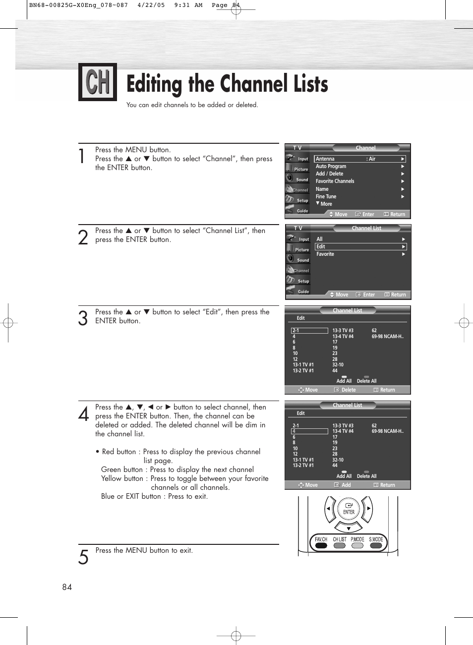 Editing the channel lists | Samsung HPR5072X-XAA User Manual | Page 84 / 146