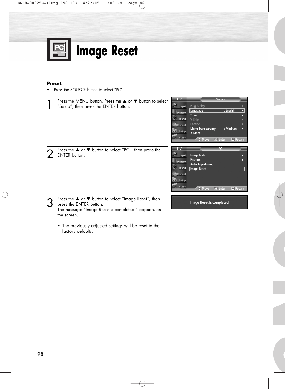 Image reset | Samsung HPR5072X-XAA User Manual | Page 98 / 146