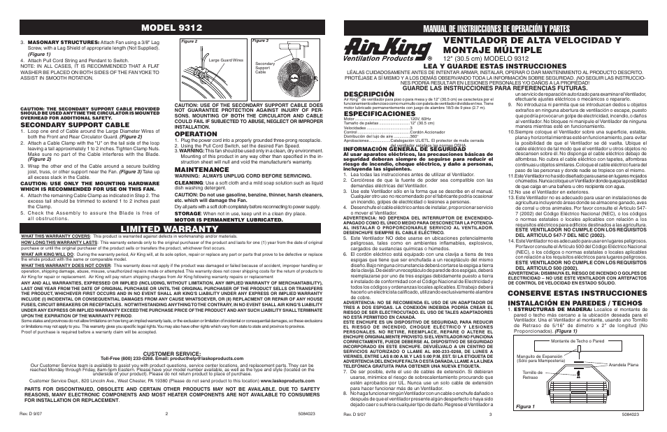 Manual de instrucciones de operación y partes, Ventilador de alta velocidad y montaje múltiple, Limited warranty | Conserve estas instrucciones, Descripción, Especificaciones, Secondary support cable, Operation, Maintenance, Lea y guarde estas instrucciones | Air King 9312 User Manual | Page 2 / 2