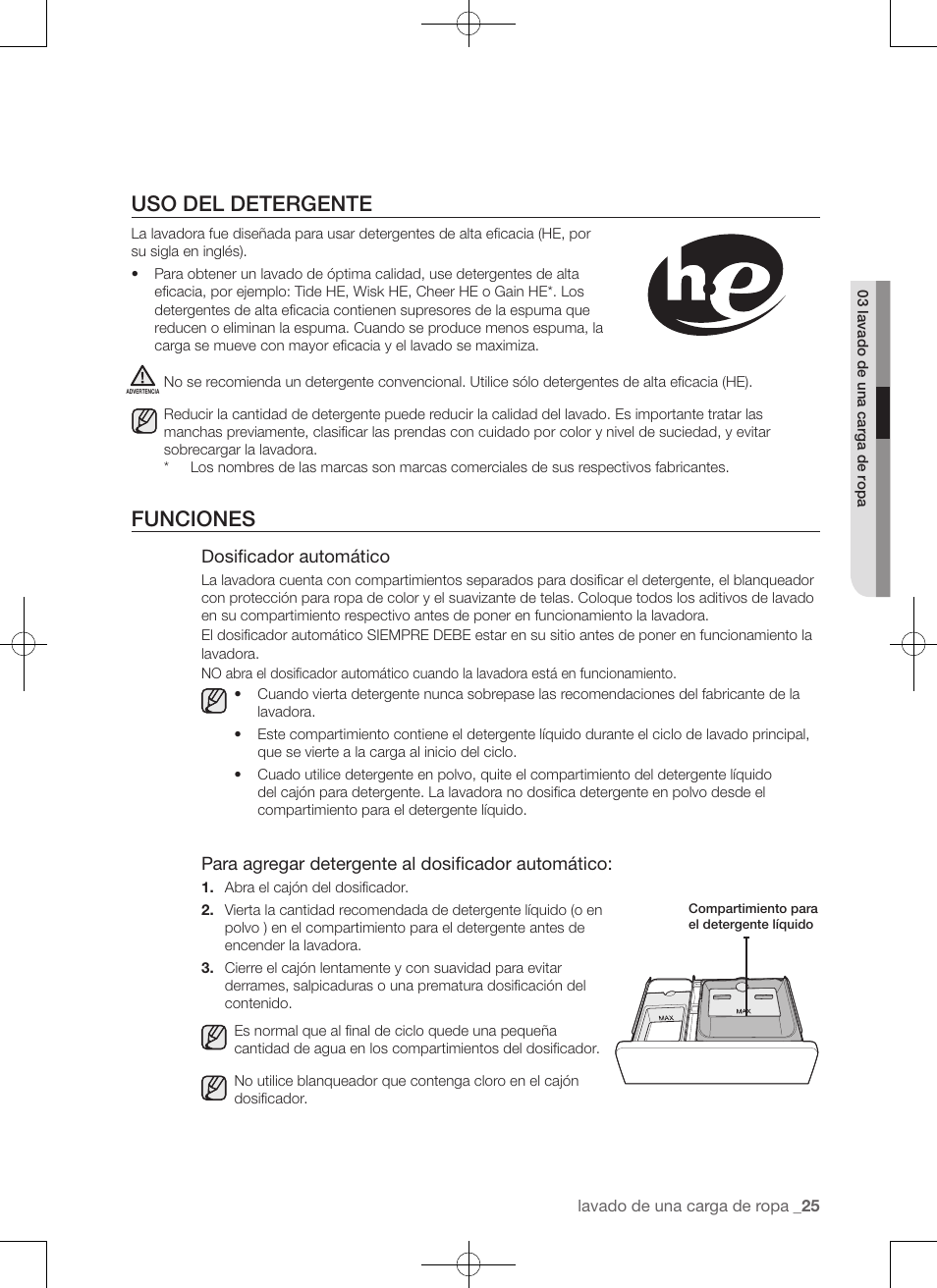 Uso del detergente, Funciones | Samsung WA456DRHDSU-AA User Manual | Page 113 / 132