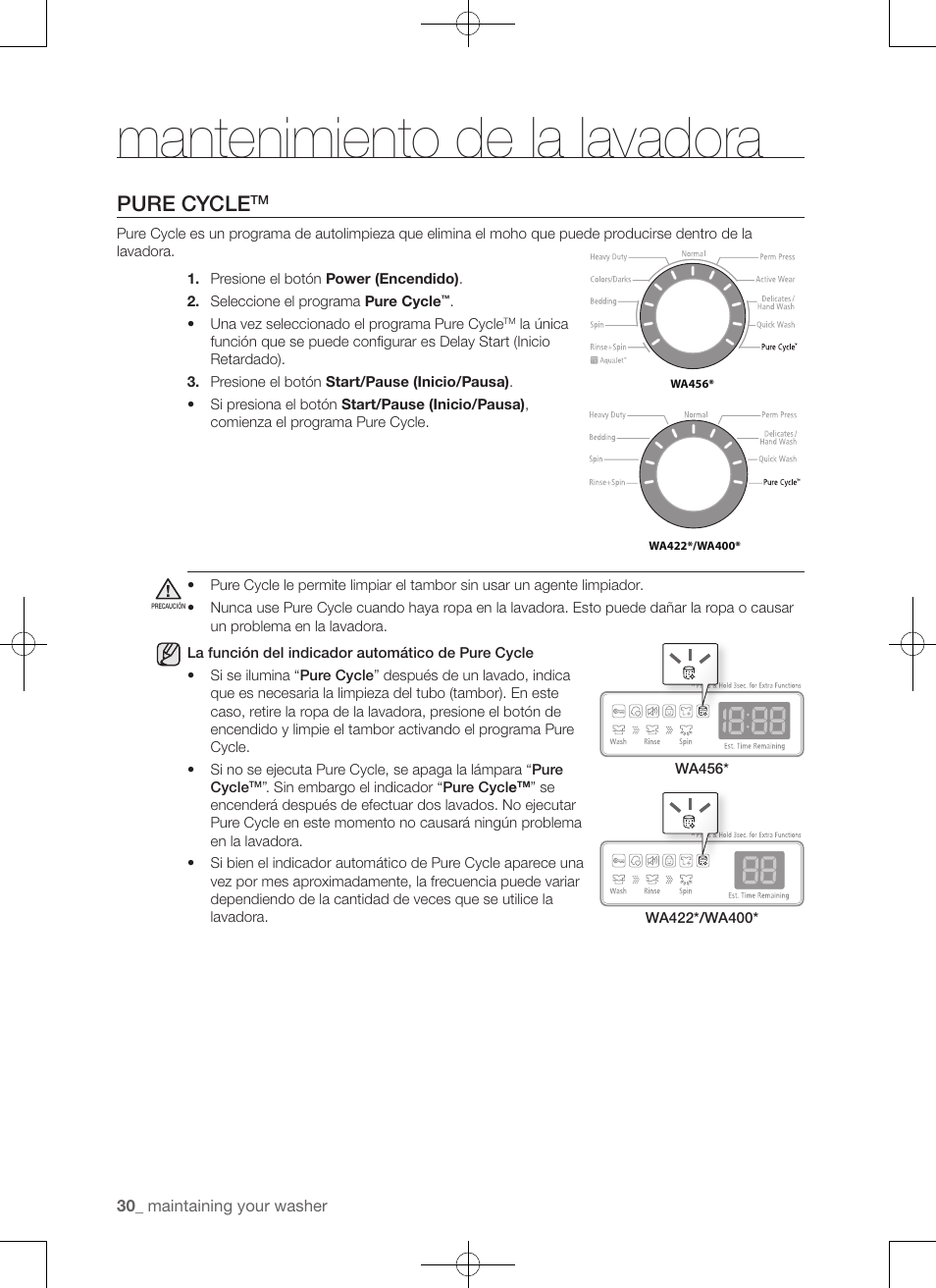 Mantenimiento de la lavadora, Pure cycle | Samsung WA456DRHDSU-AA User Manual | Page 118 / 132