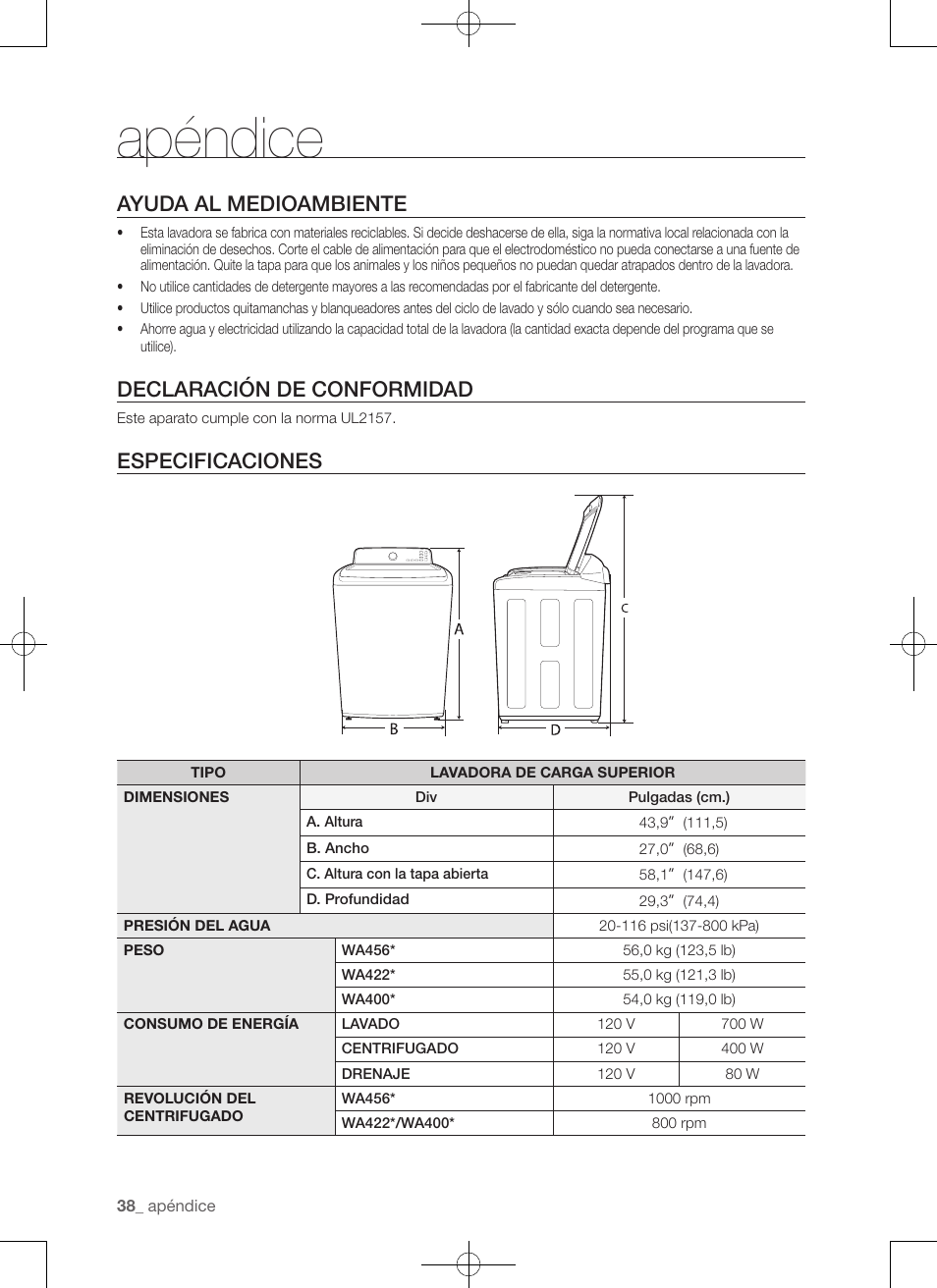 Apéndice, Ayuda al medioambiente, Declaración de conformidad | Especificaciones | Samsung WA456DRHDSU-AA User Manual | Page 126 / 132