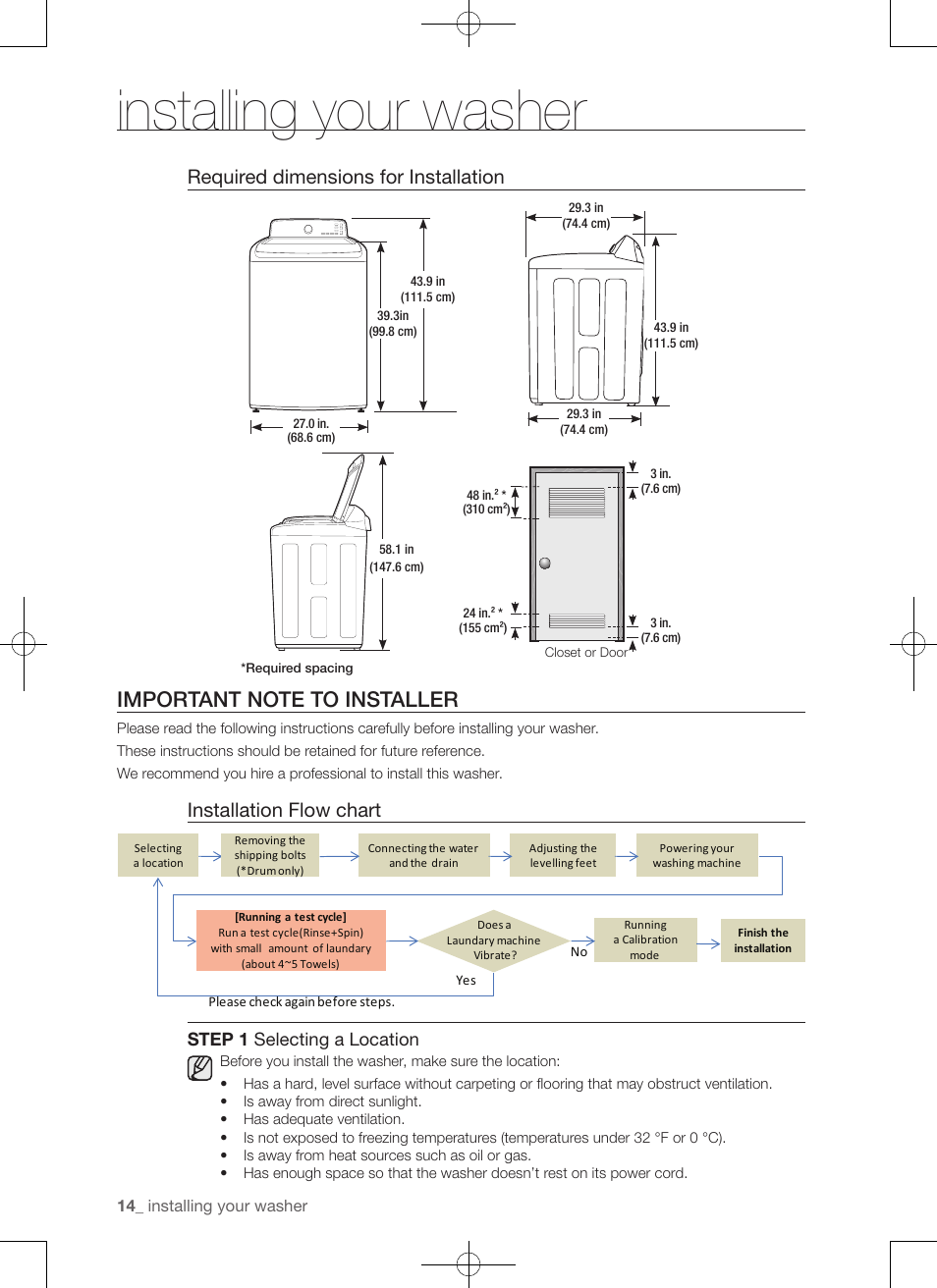 Installing your washer, Required dimensions for installation, Installation flow chart | Step 1 selecting a location | Samsung WA456DRHDSU-AA User Manual | Page 14 / 132