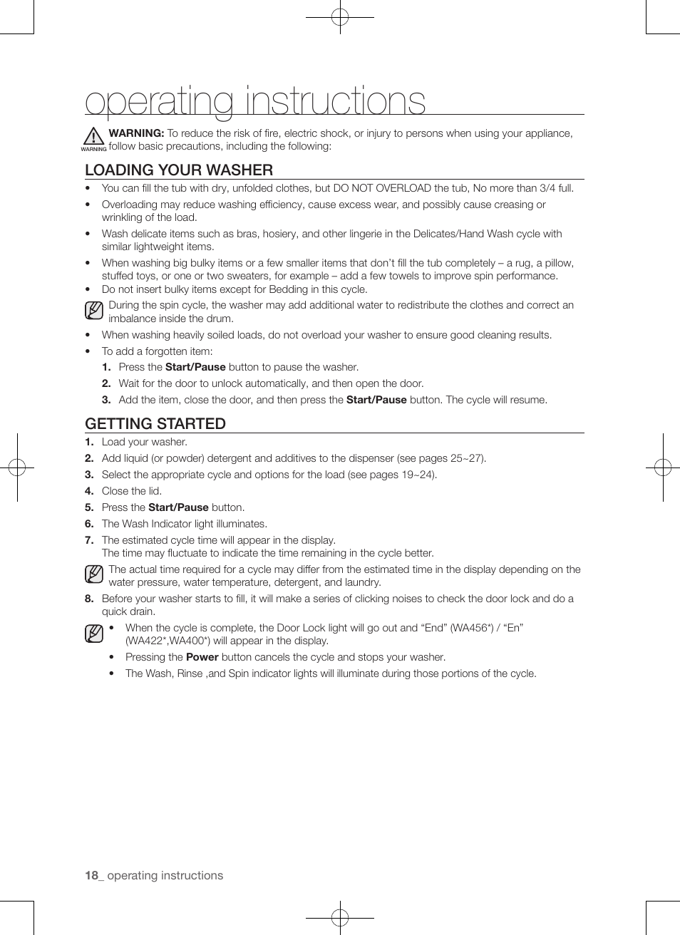 Operating instructions, Loading your washer, Getting started | Samsung WA456DRHDSU-AA User Manual | Page 18 / 132