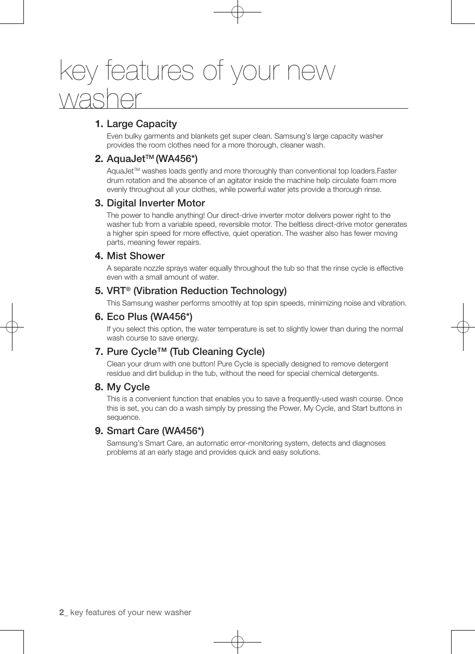 Key features of your new washer | Samsung WA456DRHDSU-AA User Manual | Page 2 / 132