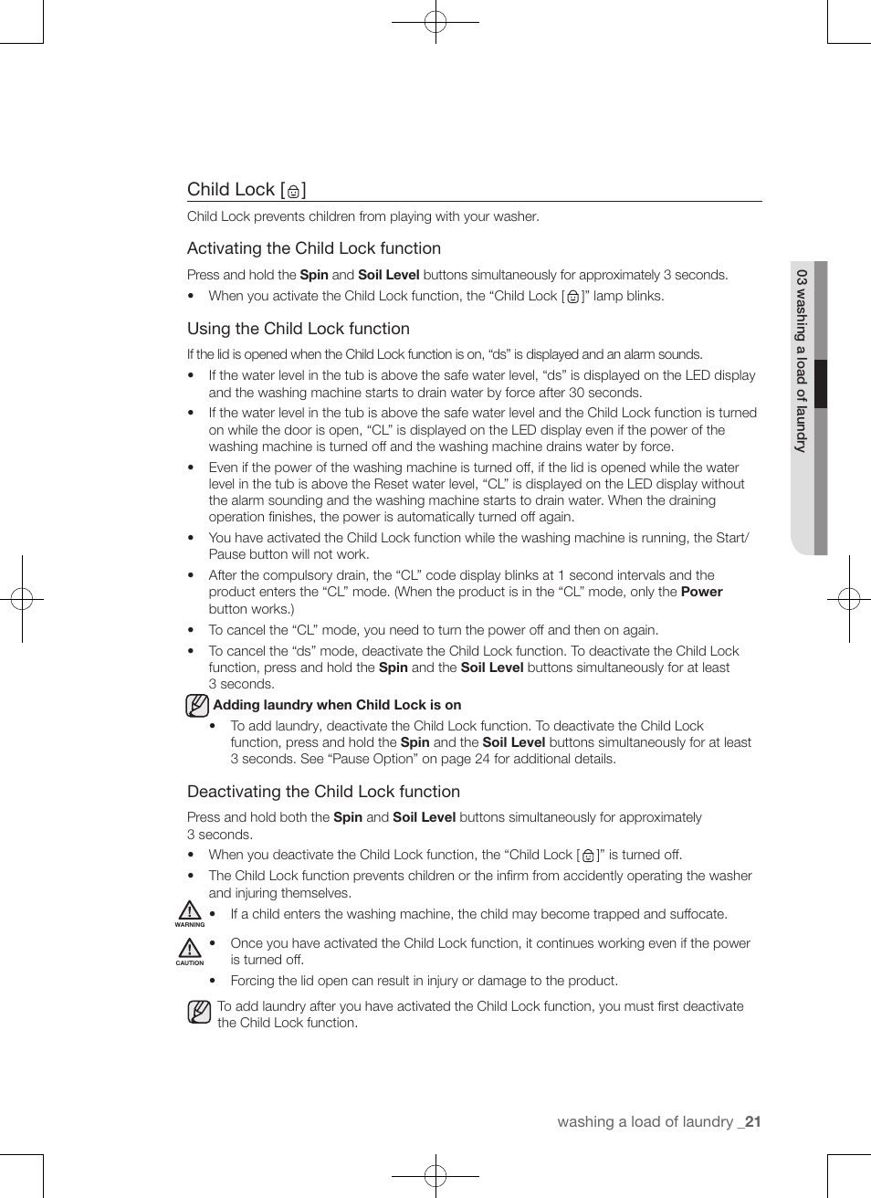 Child lock | Samsung WA456DRHDSU-AA User Manual | Page 21 / 132