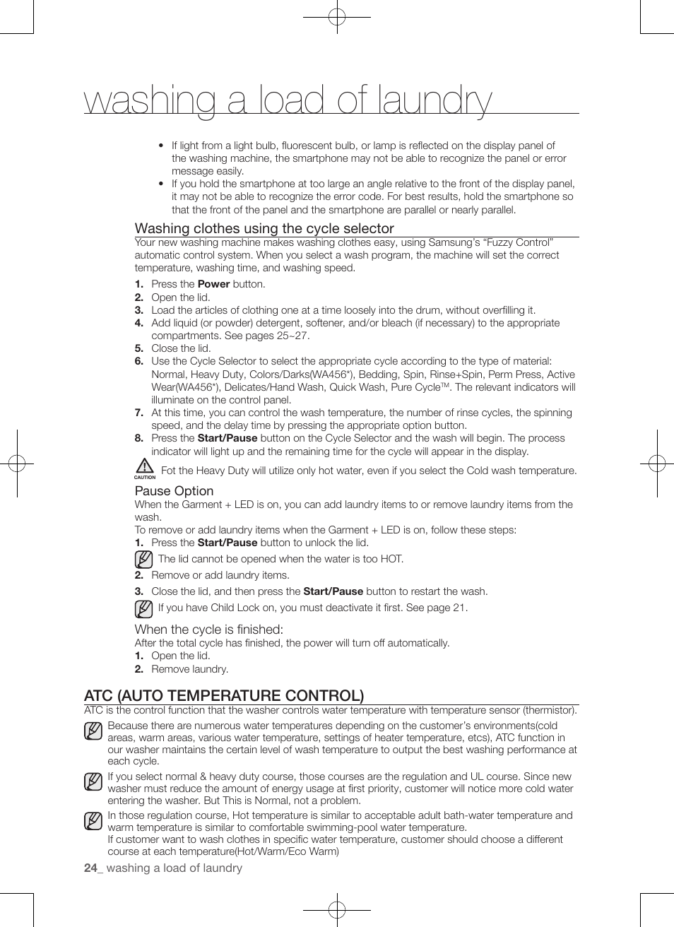 Washing a load of laundry, Atc (auto temperature control), Washing clothes using the cycle selector | Samsung WA456DRHDSU-AA User Manual | Page 24 / 132