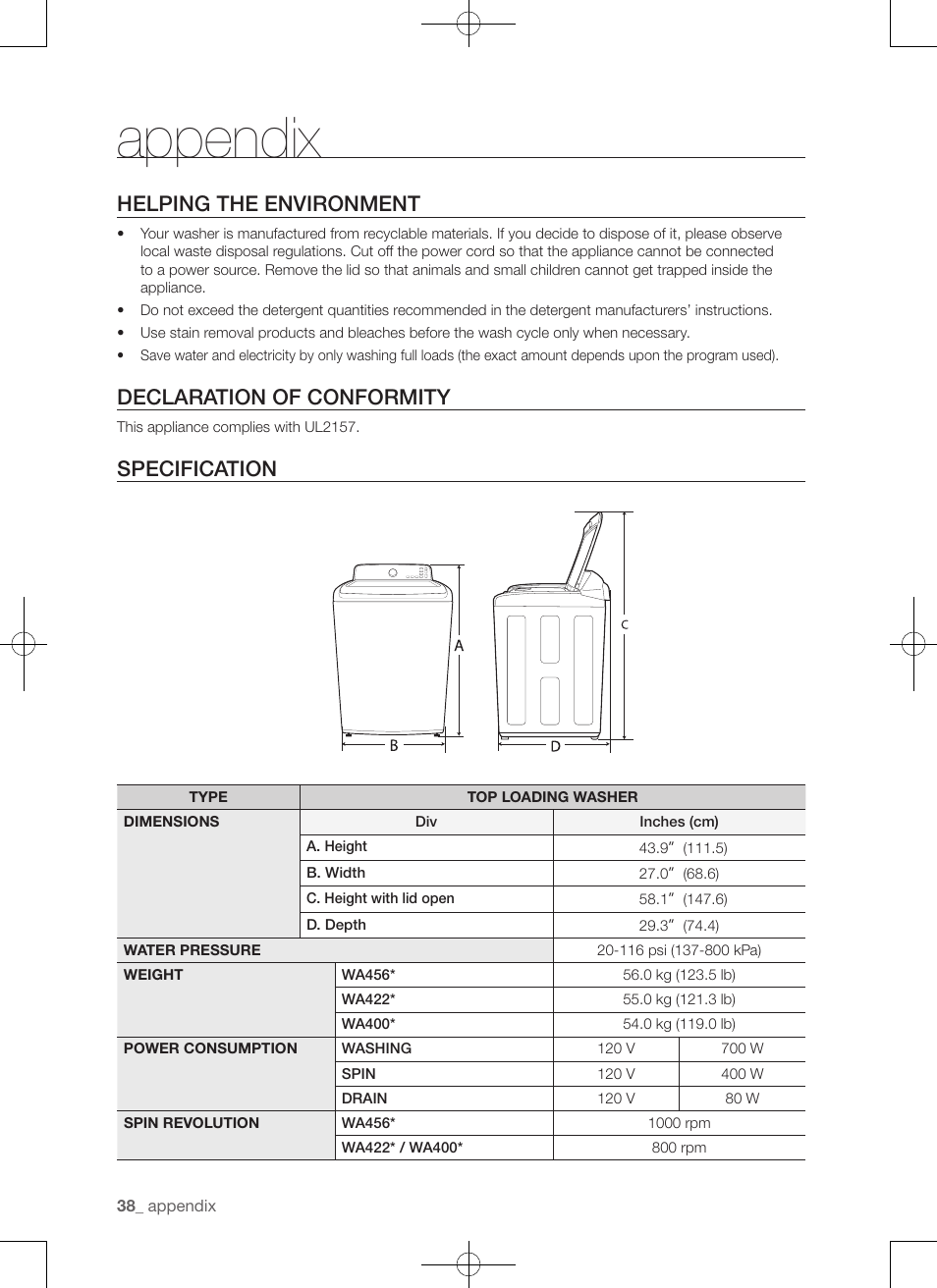 Appendix, Helping the environment, Declaration of conformity | Specification | Samsung WA456DRHDSU-AA User Manual | Page 38 / 132