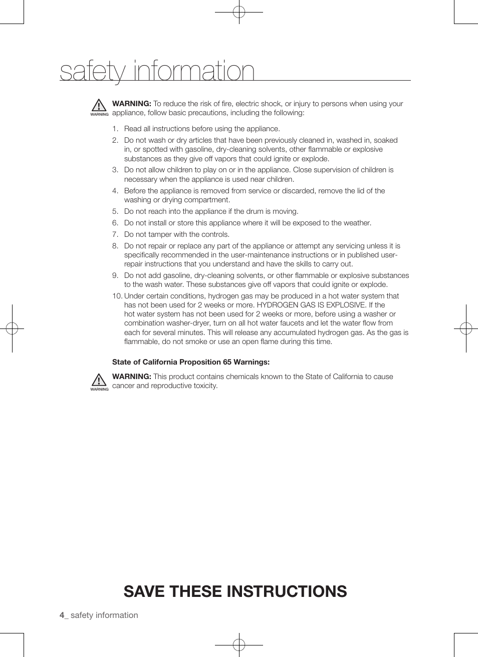 Safety information, Save these instructions | Samsung WA456DRHDSU-AA User Manual | Page 4 / 132