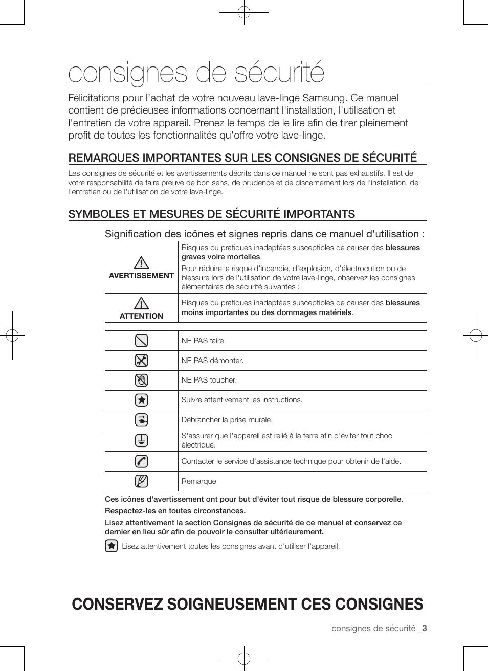 Consignes de sécurité, Conservez soigneusement ces consignes, Symboles et mesures de sécurité importants | Samsung WA456DRHDSU-AA User Manual | Page 47 / 132