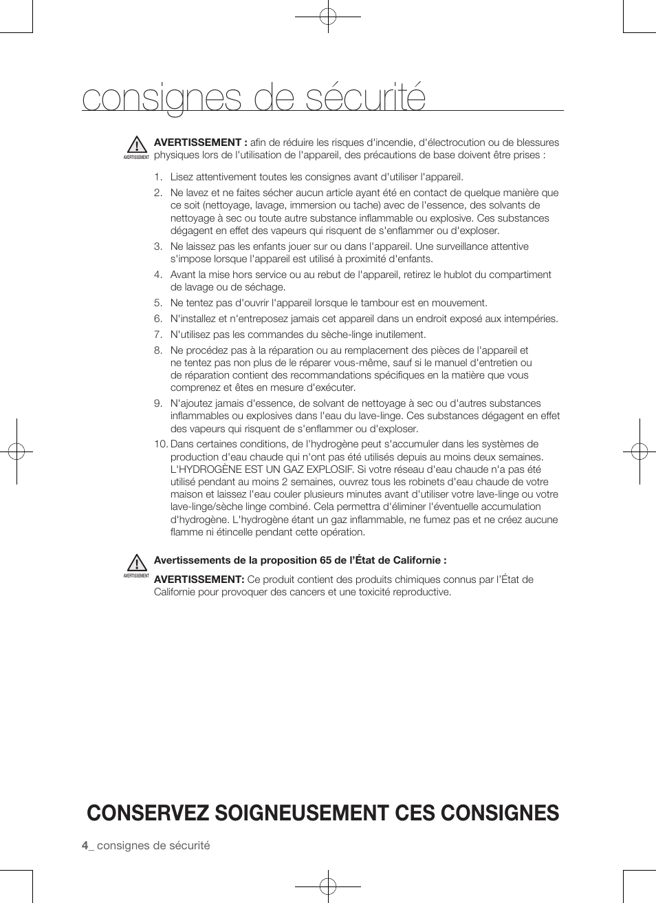 Consignes de sécurité, Conservez soigneusement ces consignes | Samsung WA456DRHDSU-AA User Manual | Page 48 / 132