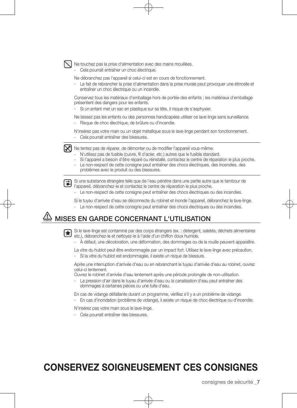 Conservez soigneusement ces consignes, Mises en garde concernant l'utilisation | Samsung WA456DRHDSU-AA User Manual | Page 51 / 132