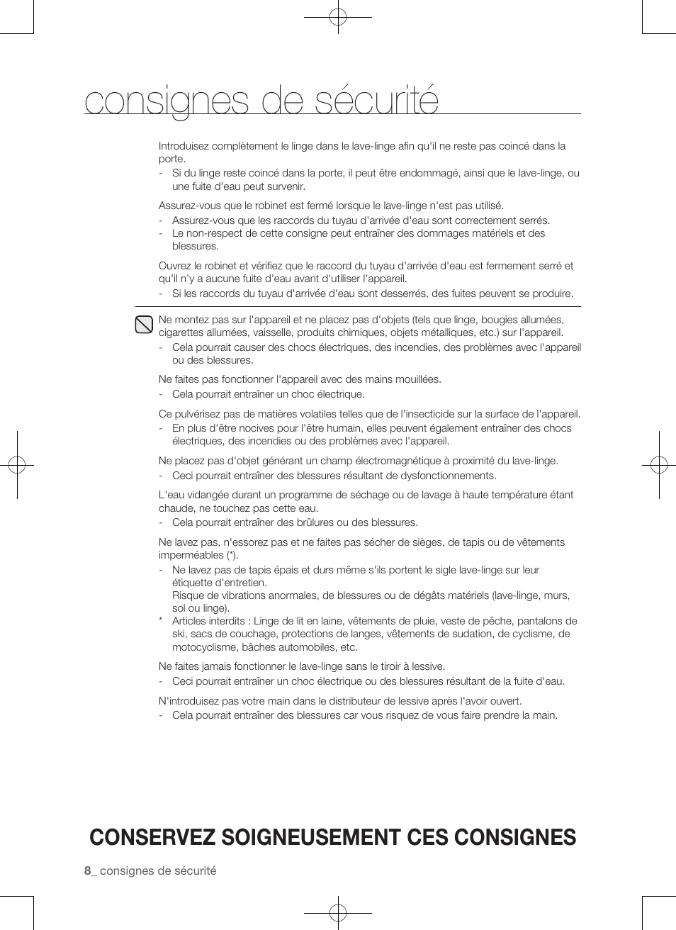 Consignes de sécurité, Conservez soigneusement ces consignes | Samsung WA456DRHDSU-AA User Manual | Page 52 / 132