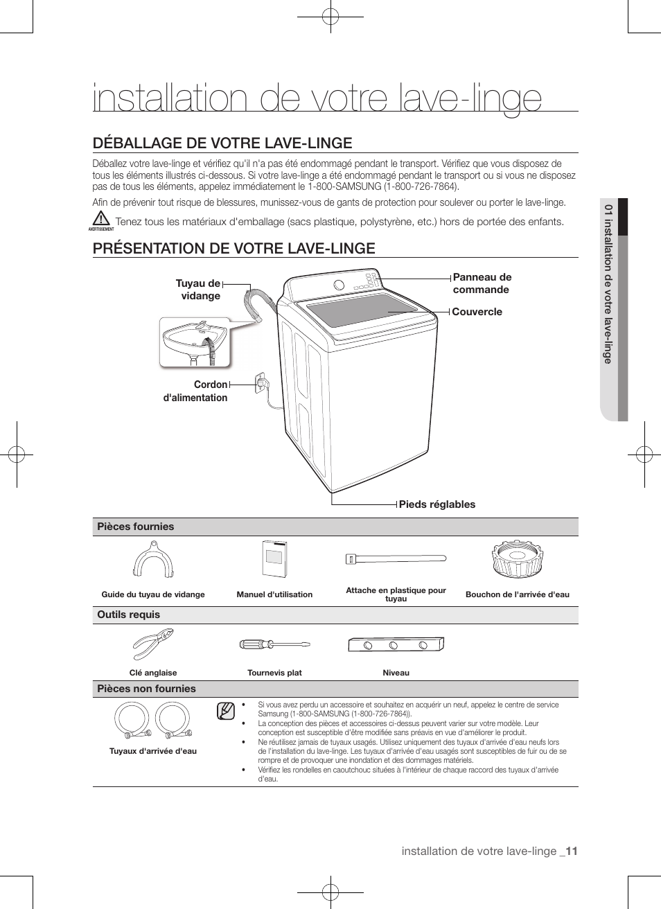 Installation de votre lave-linge, Déballage de votre lave-linge, Présentation de votre lave-linge | Samsung WA456DRHDSU-AA User Manual | Page 55 / 132