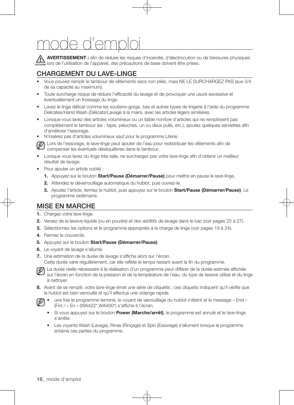 Mode d'emploi, Chargement du lave-linge, Mise en marche | Samsung WA456DRHDSU-AA User Manual | Page 62 / 132