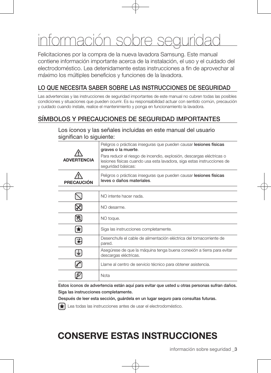 Información sobre seguridad, Conserve estas instrucciones, Símbolos y precauciones de seguridad importantes | Samsung WA456DRHDSU-AA User Manual | Page 91 / 132