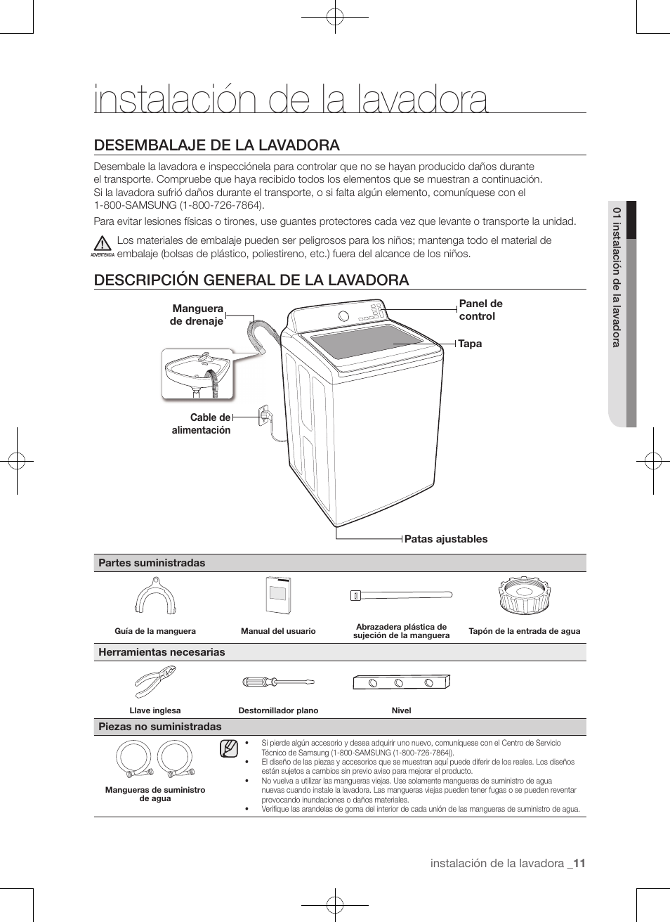 Instalación de la lavadora, Desembalaje de la lavadora, Descripción general de la lavadora | Samsung WA456DRHDSU-AA User Manual | Page 99 / 132