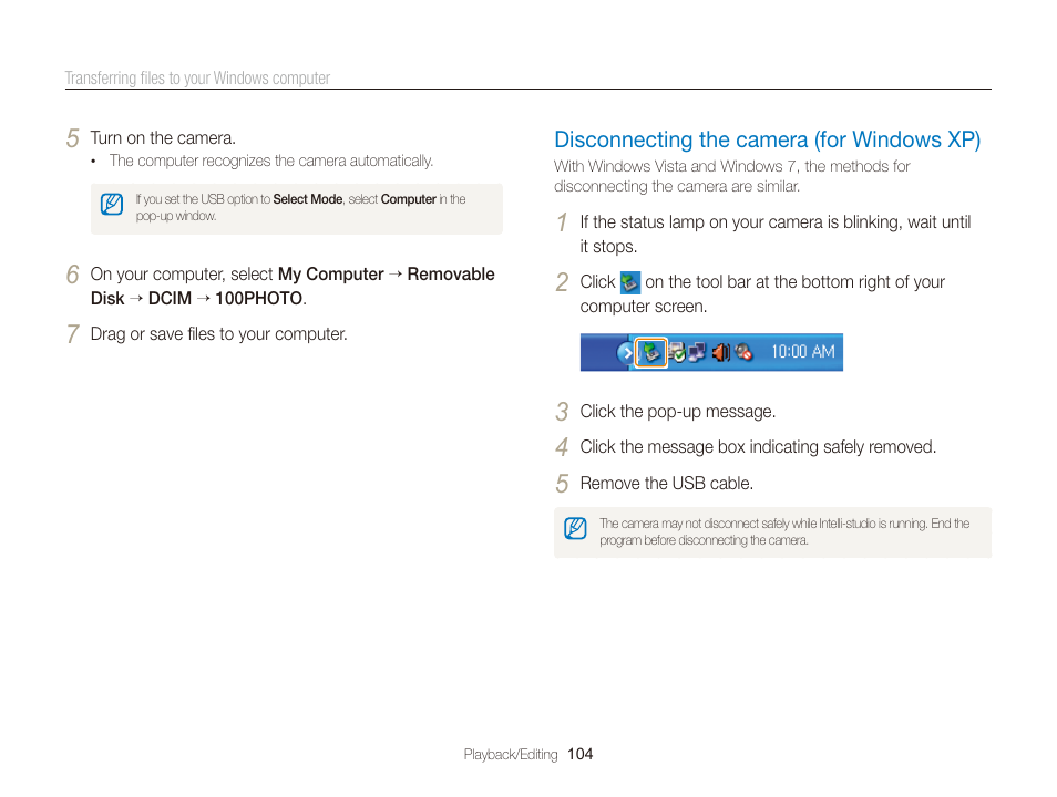 Disconnecting the camera (for windows xp), Disconnecting the camera, For windows xp) ……………………… 104 | Samsung EC-ST700ZBPGPA User Manual | Page 105 / 143