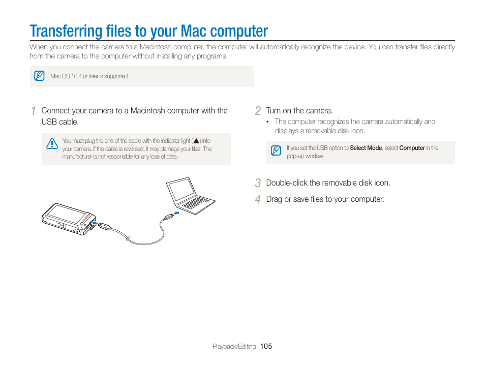 Transferring files to your mac computer, Transferring ﬁles to your mac computer | Samsung EC-ST700ZBPGPA User Manual | Page 106 / 143