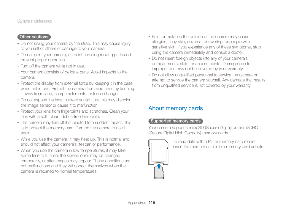 About memory cards, About memory cards ……………………………… 119 | Samsung EC-ST700ZBPGPA User Manual | Page 120 / 143