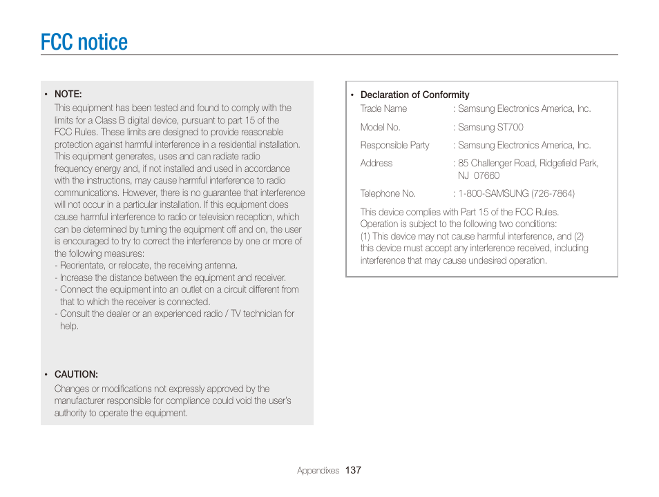 Fcc notice | Samsung EC-ST700ZBPGPA User Manual | Page 138 / 143