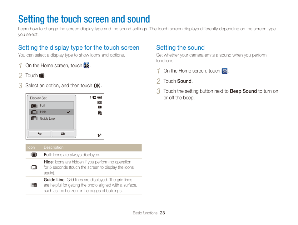 Setting the touch screen and sound, Setting the display type for the touch screen, Setting the sound | Setting the display type for the touch, Screen …………………………………… 23, Setting the sound ………………………… 23 | Samsung EC-ST700ZBPGPA User Manual | Page 24 / 143