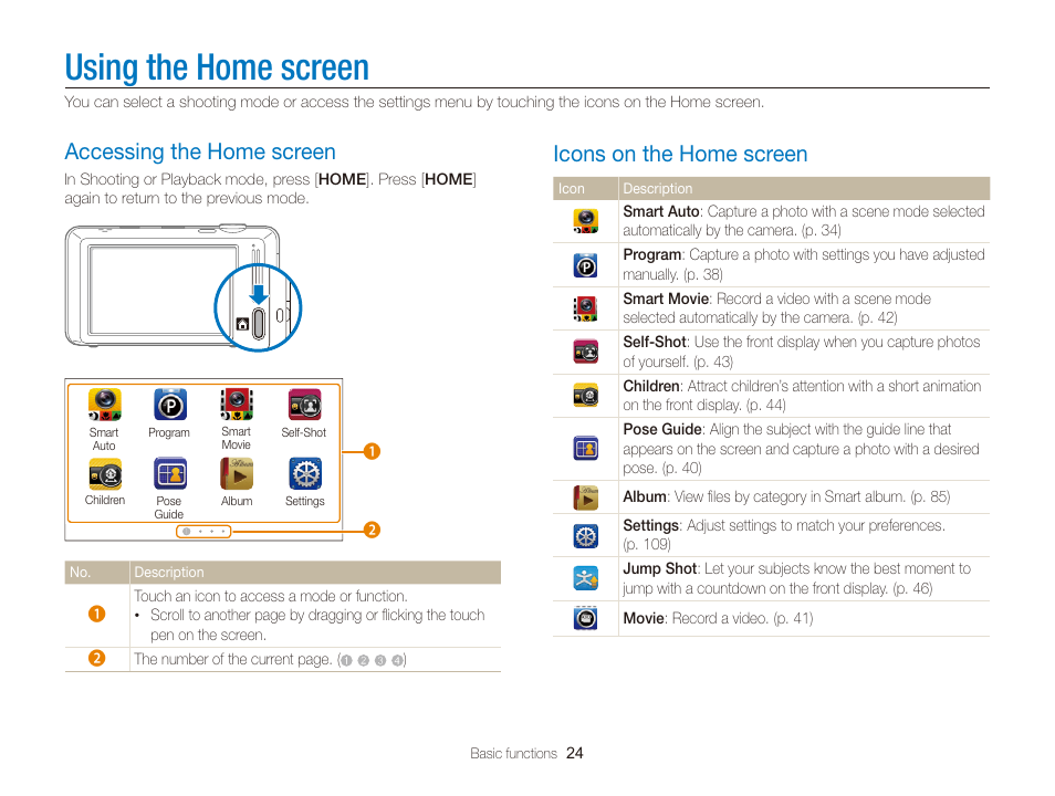 Using the home screen, Accessing the home screen, Icons on the home screen | Accessing the home screen ……………… 24, Icons on the home screen ……………… 24 | Samsung EC-ST700ZBPGPA User Manual | Page 25 / 143
