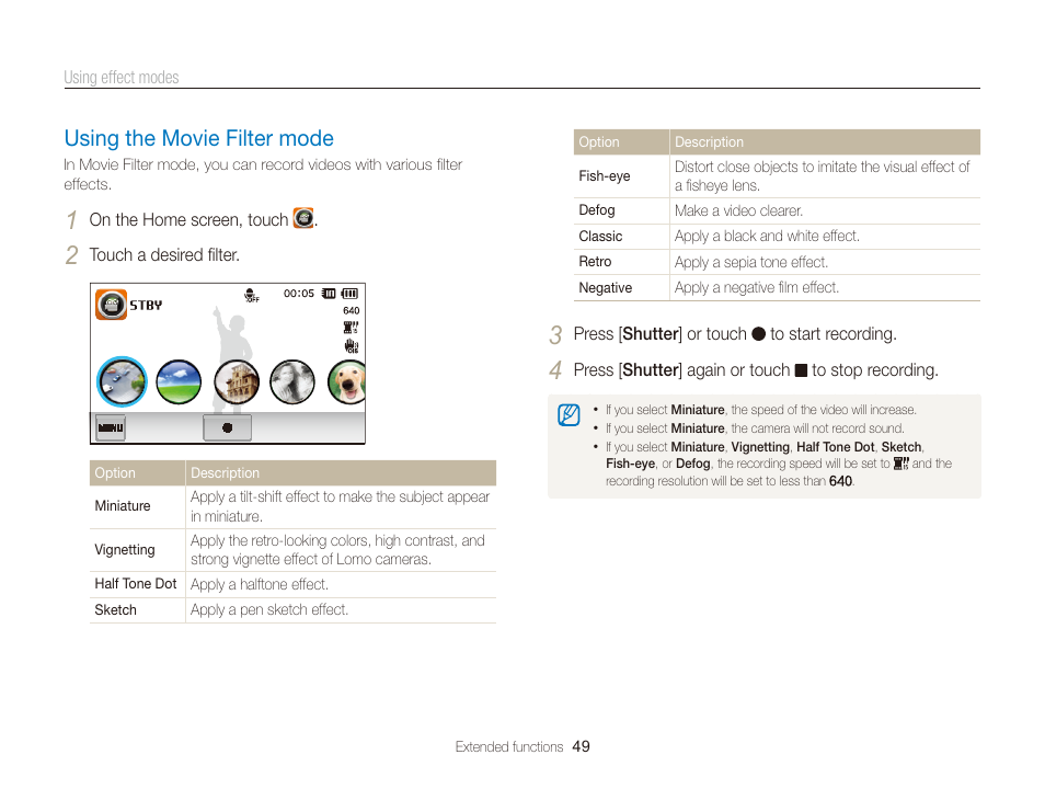 Using the movie filter mode, Using the movie filter mode ……………… 49 | Samsung EC-ST700ZBPGPA User Manual | Page 50 / 143