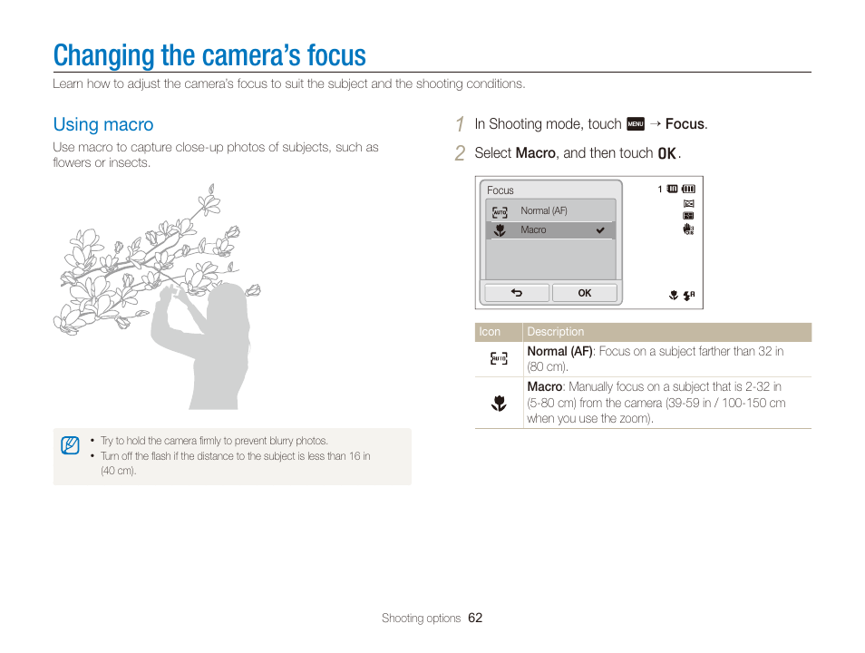 Changing the camera’s focus, Using macro, Using macro ……………………………… 62 | Samsung EC-ST700ZBPGPA User Manual | Page 63 / 143