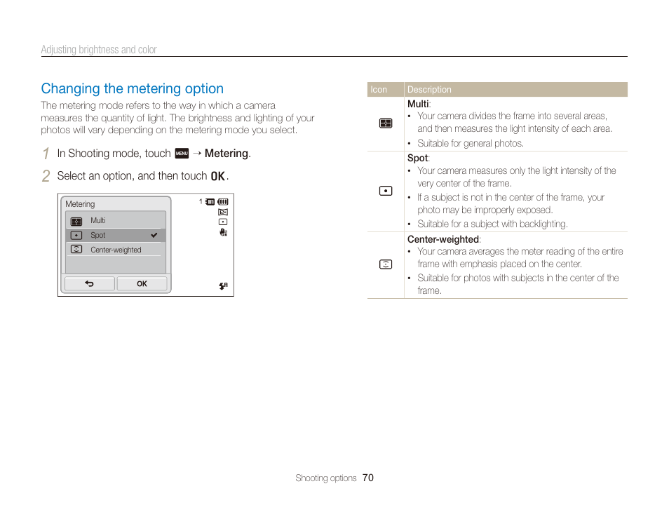 Changing the metering option, Changing the metering option …………… 70 | Samsung EC-ST700ZBPGPA User Manual | Page 71 / 143