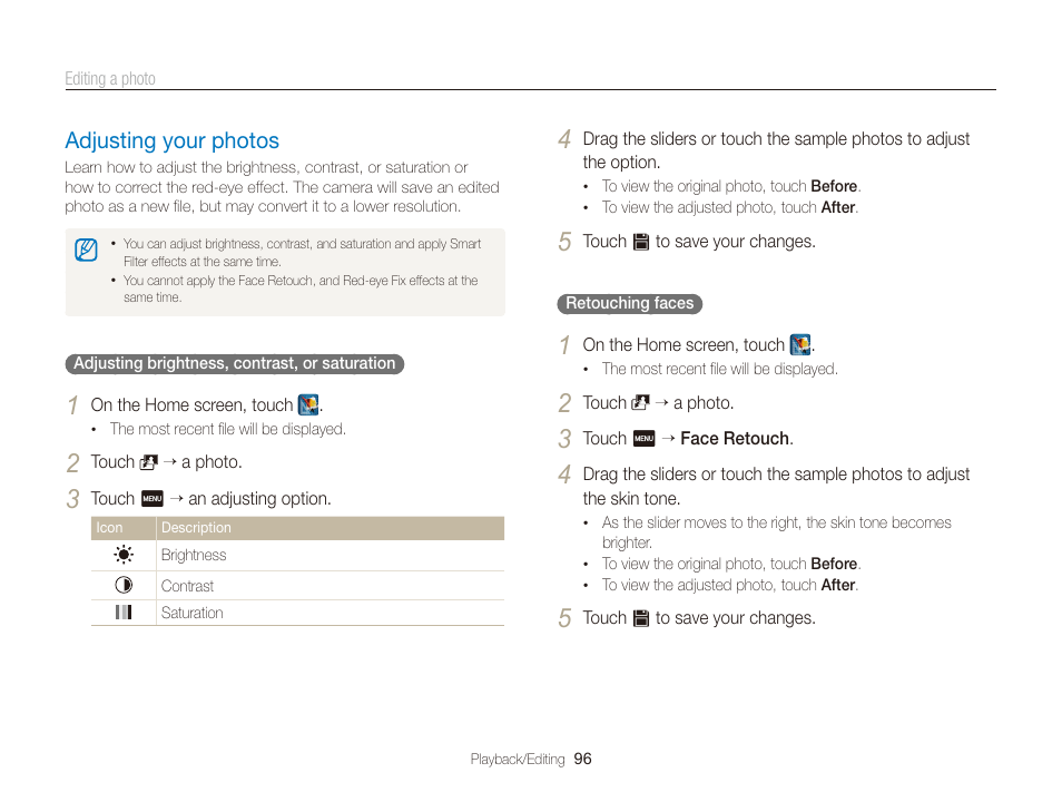 Adjusting your photos, Adjusting your photos …………………… 96 | Samsung EC-ST700ZBPGPA User Manual | Page 97 / 143