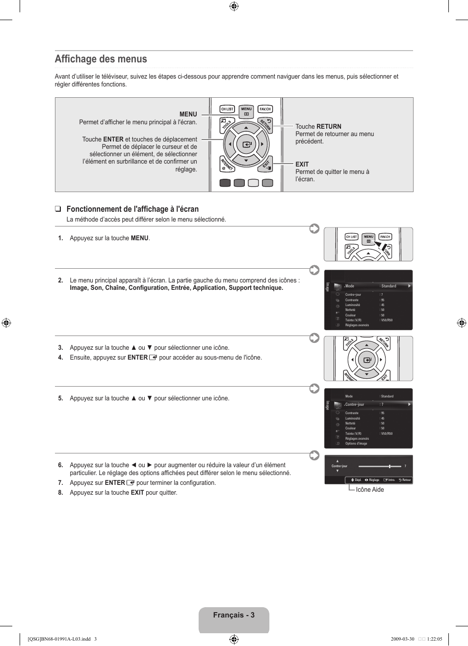 Afﬁ chage des menus, Fonctionnement de l'afﬁ chage à l'écran, Français - 3 | Samsung UN46B7100WFUZA User Manual | Page 15 / 20