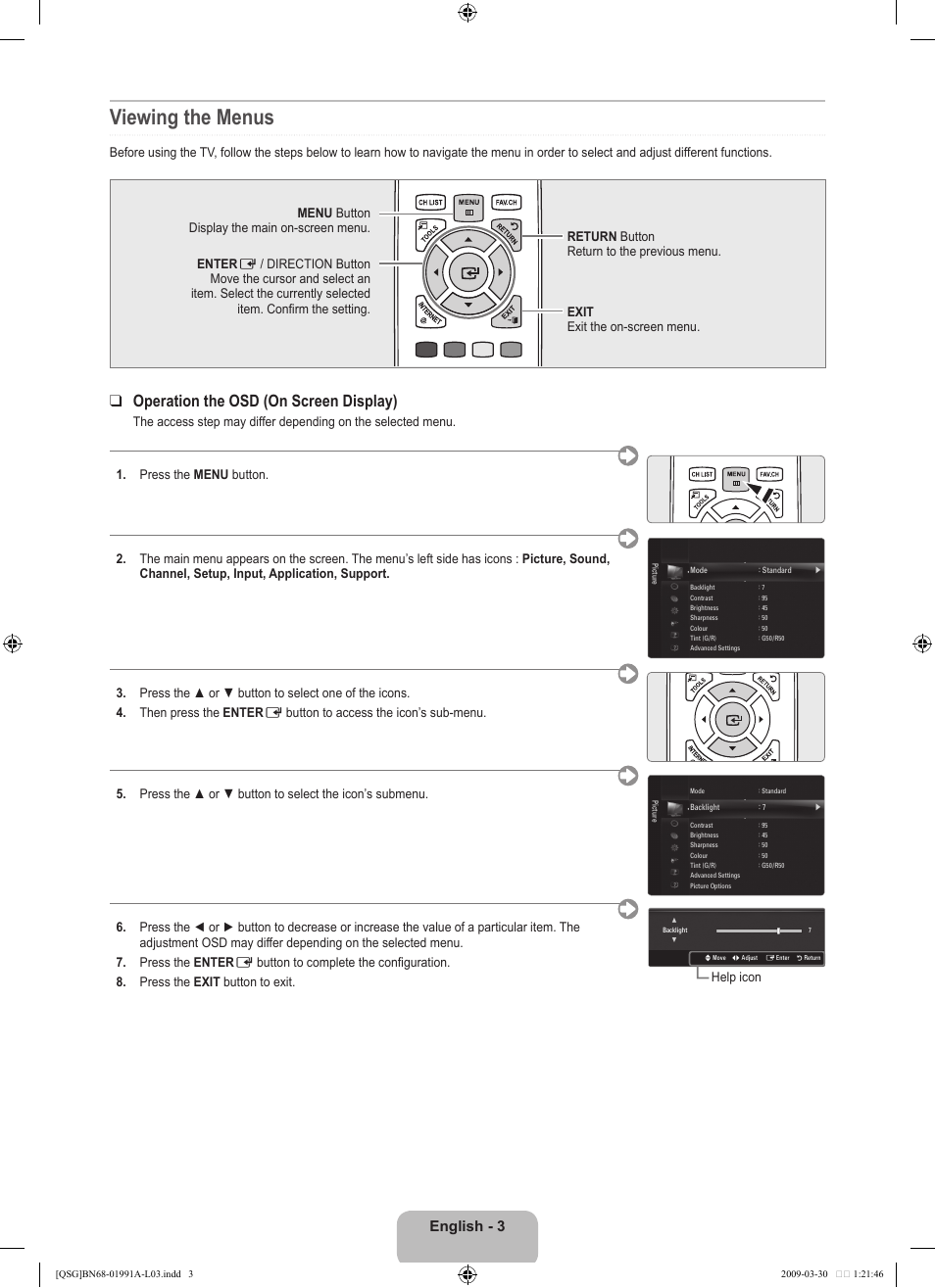 Viewing the menus, Operation the osd (on screen display), English - 3 | Samsung UN46B7100WFUZA User Manual | Page 3 / 20