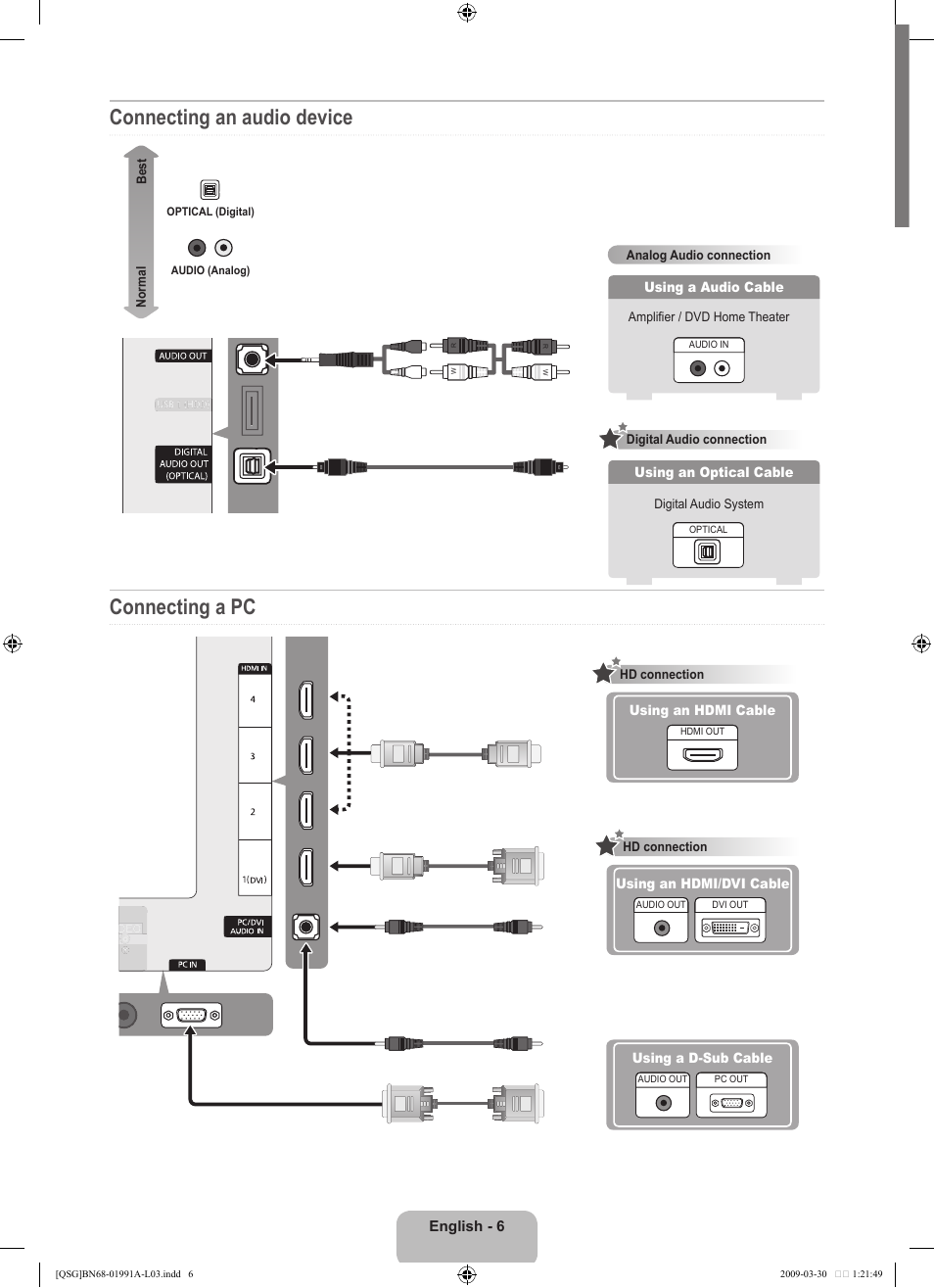 Connecting an audio device connecting a pc | Samsung UN46B7100WFUZA User Manual | Page 6 / 20