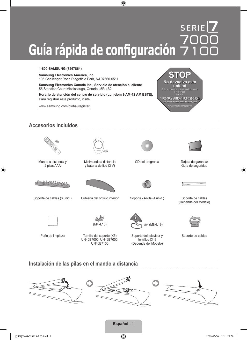 Guía rápida de conﬁ guración, Stop, Accesorios incluidos | Instalación de las pilas en el mando a distancia | Samsung UN46B7100WFUZA User Manual | Page 7 / 20