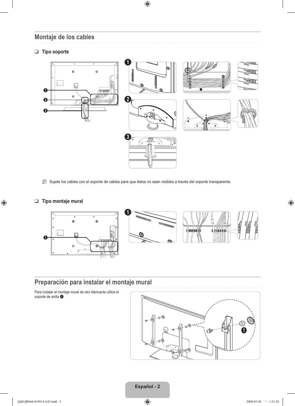 Montaje de los cables, Preparación para instalar el montaje mural | Samsung UN46B7100WFUZA User Manual | Page 8 / 20