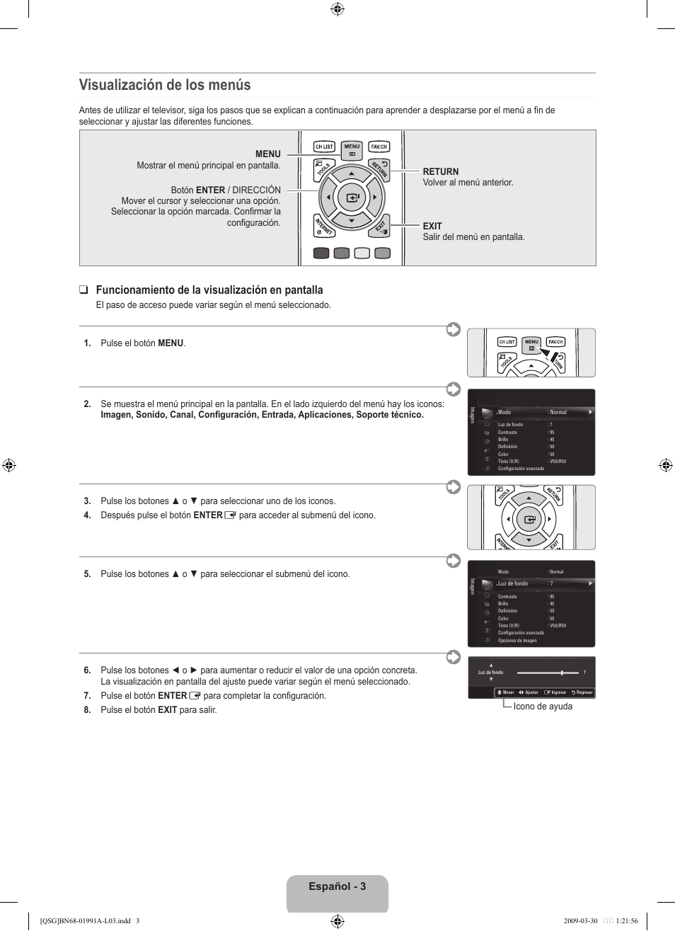 Visualización de los menús, Funcionamiento de la visualización en pantalla, Español - 3 | Samsung UN46B7100WFUZA User Manual | Page 9 / 20