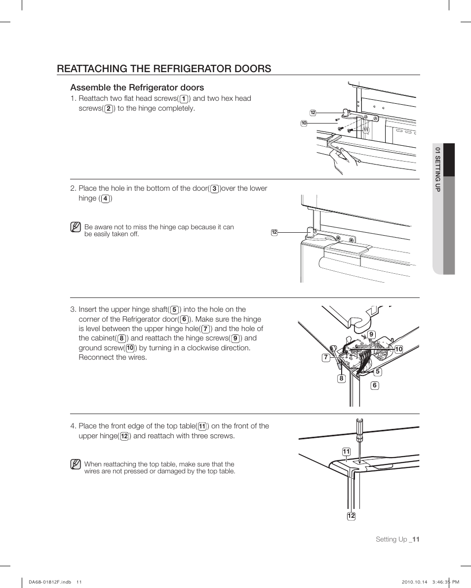 Reata ching the refrigerato r doors, Reattaching the refrigerator doors, Assemble the refrigerator doors | Samsung RF266AEPN-XAA User Manual | Page 11 / 40